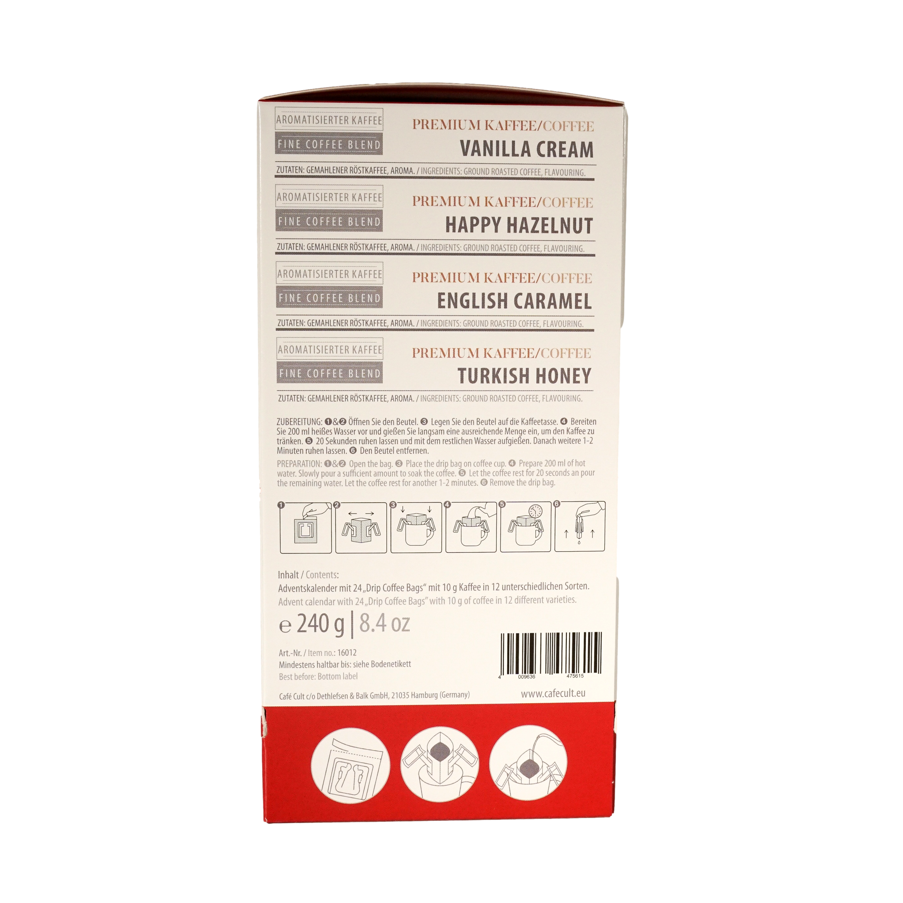 Kaffee-Adventskalender „Winter-Hirsch“ mit 24  Drip Coffee Bags einzeln im Sachet verpackt Format 124 x 100 x 200 mm -2-sprachig