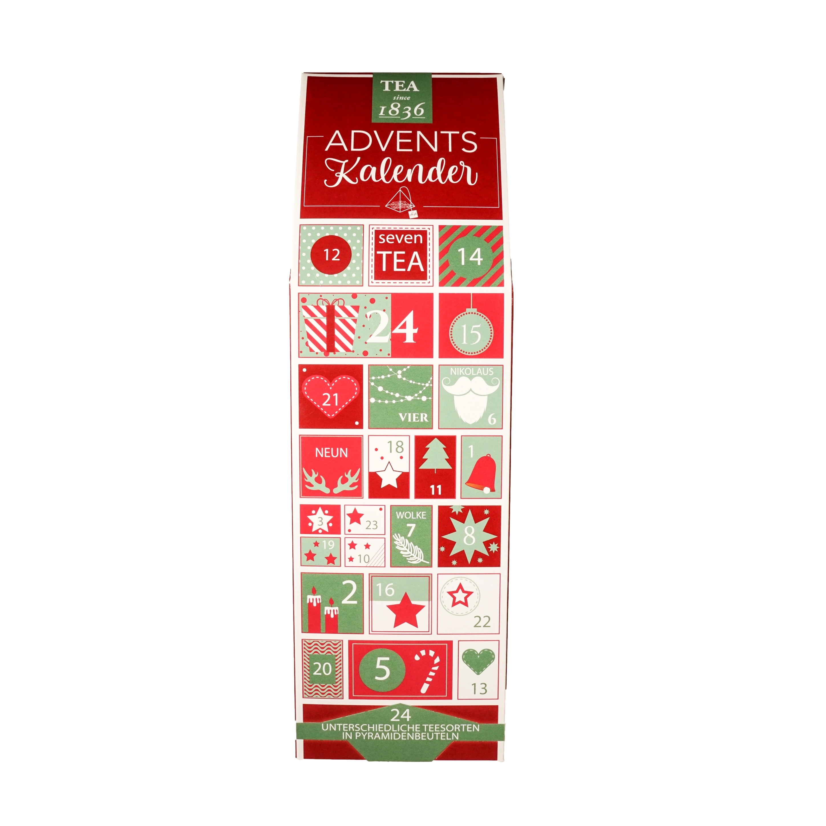Tee-Adventskalender „Rote Türen“ mit 24 Pyramidenbeuteln einzeln im Sachet verpackt Format 92 x 92 x 305 mm