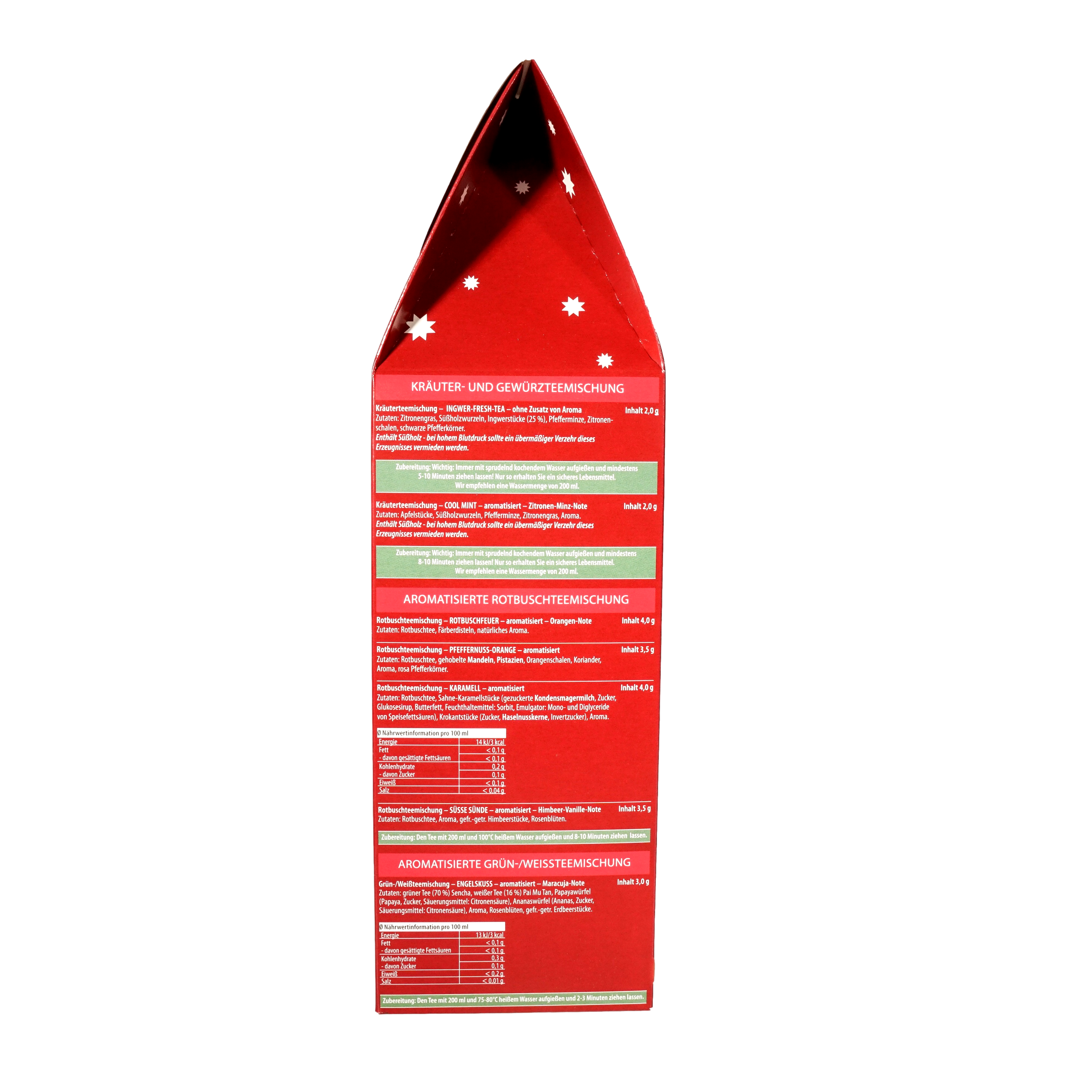Tee-Adventskalender „Rote Türen“ mit 24 Pyramidenbeuteln einzeln im Sachet verpackt Format 92 x 92 x 305 mm