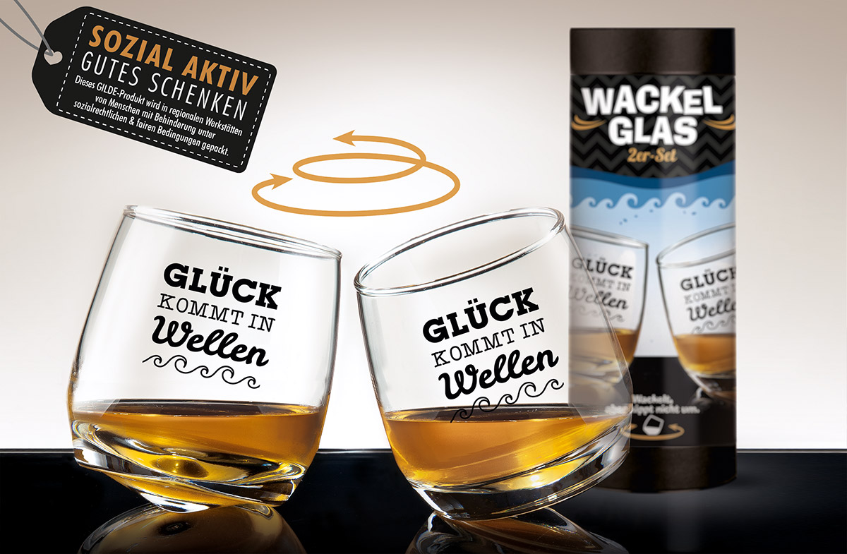 Wackelglas &quot;Glück kommt in Wellen&quot; 2er-Set
