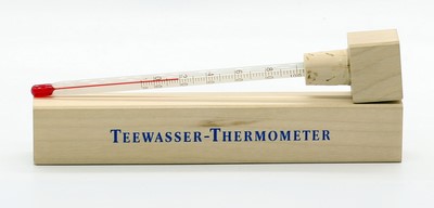 Teewasser-Thermometer im Holzschuber  Meßskala: L 9 cm / Gesamtlänge 17 cm