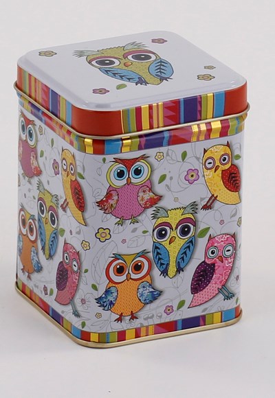 Dose &quot;Eule&quot;, 100 g Weißblech, eckig, Stülpdeckel Metallic-Effekt 7,2 x 7,2 x 9,9 cm