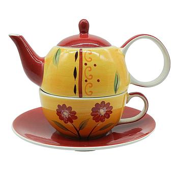 Tea-for-one Set  "Danja" Kanne: 0,4 l, Tasse: 0,2 l, Keramik, 4-teilig, Kanne: H 12 cm, Ø 5,5 cm Tasse: H 6 cm, Ø 10 cm