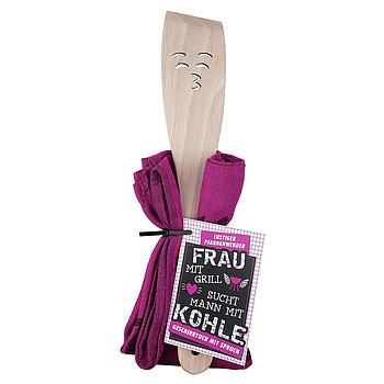 Holz Pfannenwender+Geschirrtuch "Frau mit Grill…"