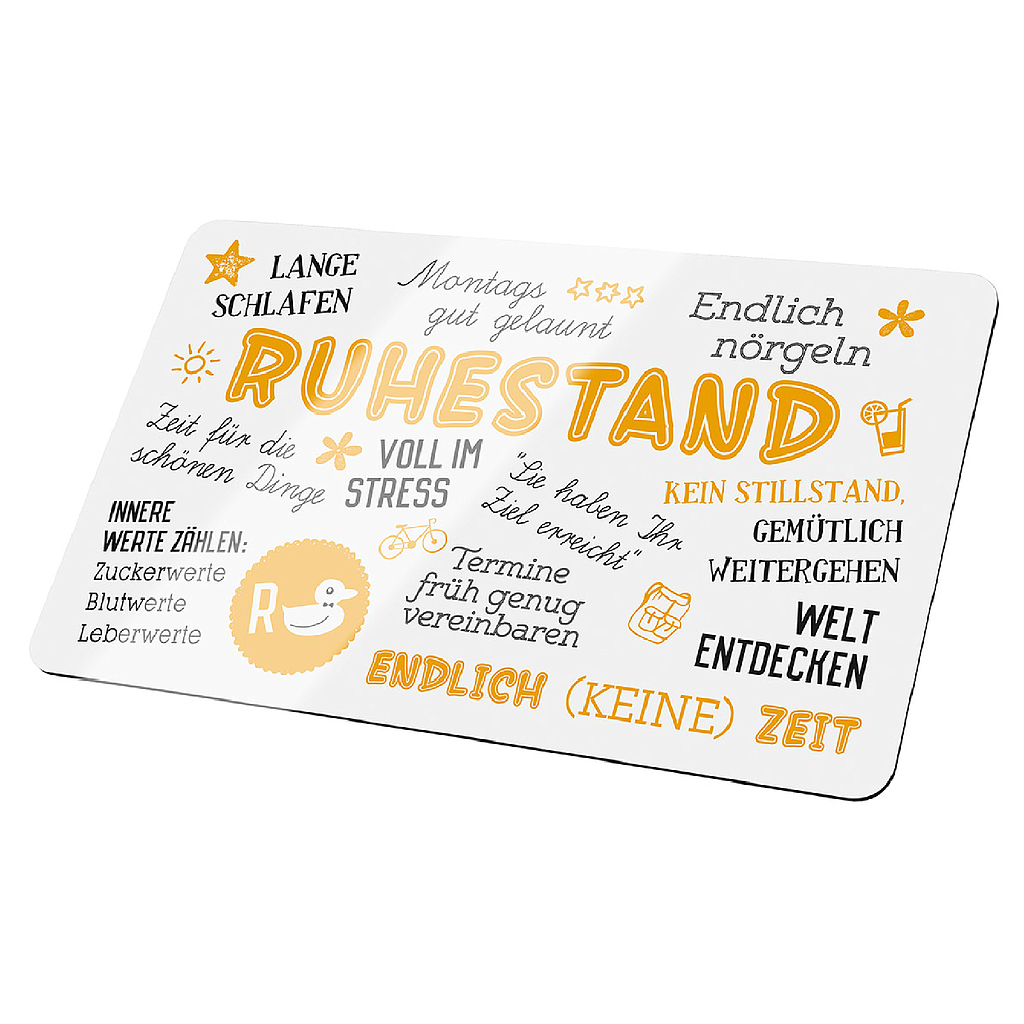 Brettchen, rechteckig, "Ruhestand", Spruch, Resopal, weiß, VE 6, L. 15 cm, B. 24 cm