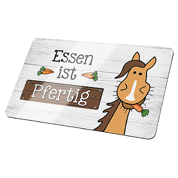 Brettchen, rechteckig, "Essen ist pfertig", Spruch, Resopal, weiß, VE 6, L. 15 cm, B. 24 cm