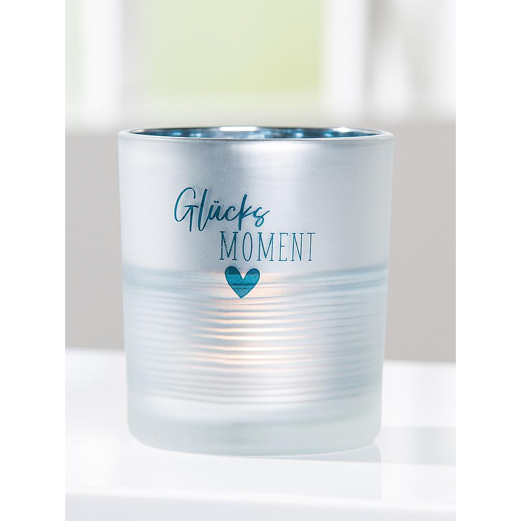 Windlicht &quot;Glücks Moment&quot; silberfarben/innen blau, in Geschenkbox