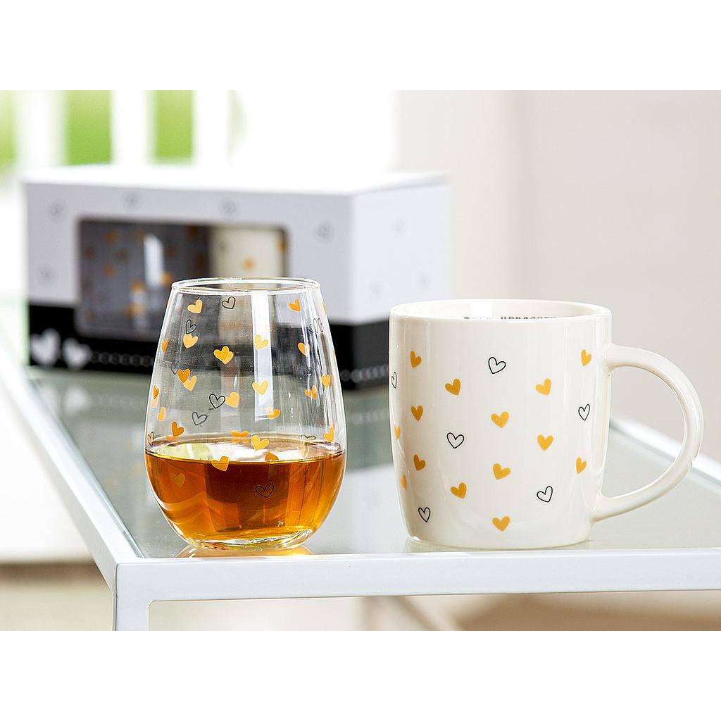 2er Set Glas &amp; Tasse "Mein Herzchen" klar/weiß/schwarz/goldfarben, in Geschenkverpackung Tasse: H 9,3 x D 8,8 x B 12,5 cm / 350 ml Füllmenge,  Glas: H 10,5 x D 8 cm / 300 ml Füllmenge  Glas und Tasse sind spülmaschinengeeignet