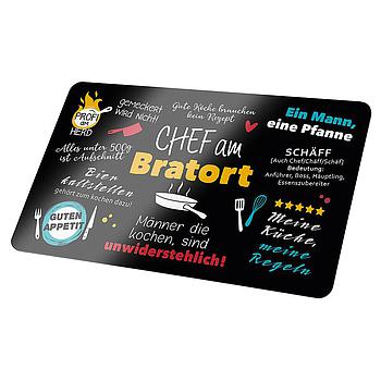 Brettchen, rechteckig, "Chef am Bratort", Spruch, Resopal, schwarz, L. 15 cm, B. 24 cm
