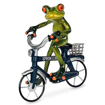Frosch auf blauem Fahrrad