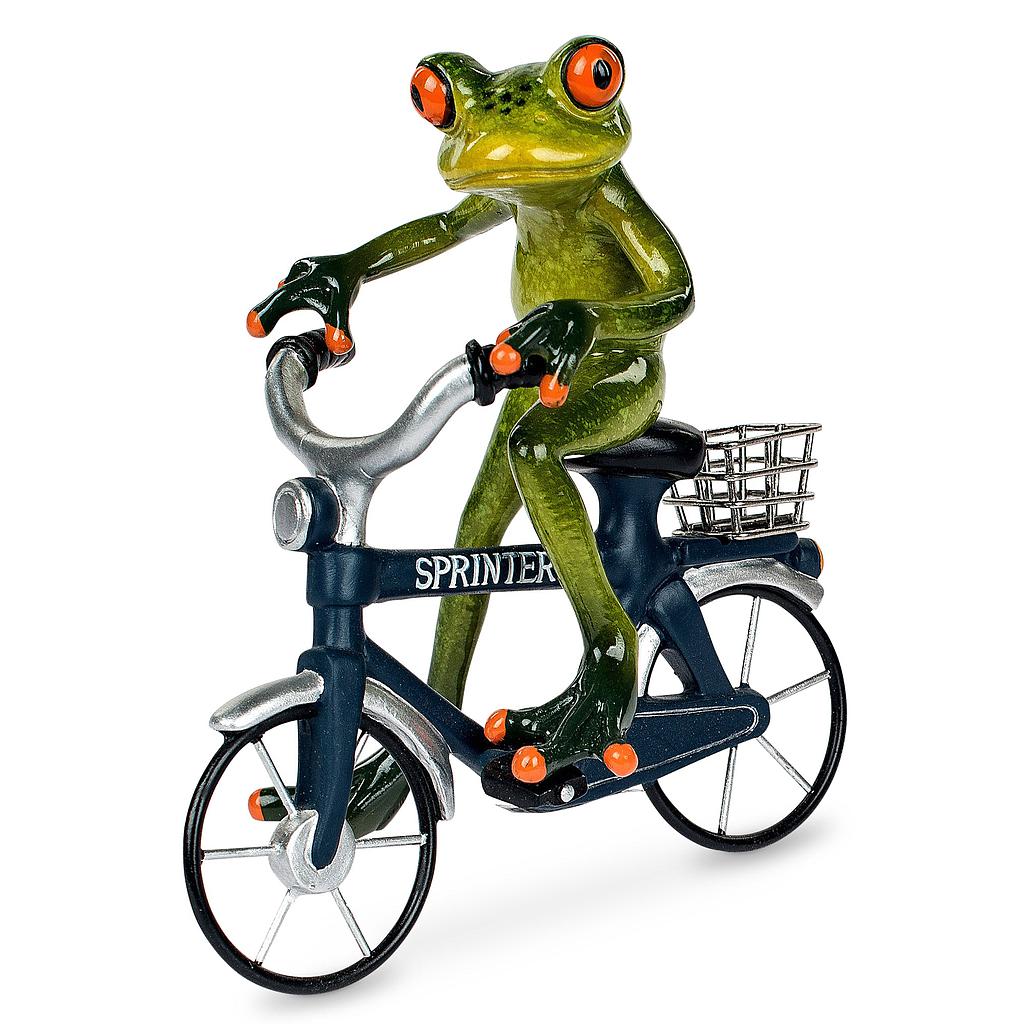 Frosch auf blauem Fahrrad