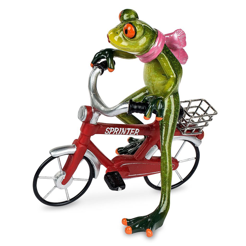 Frosch auf rotem Fahrrad