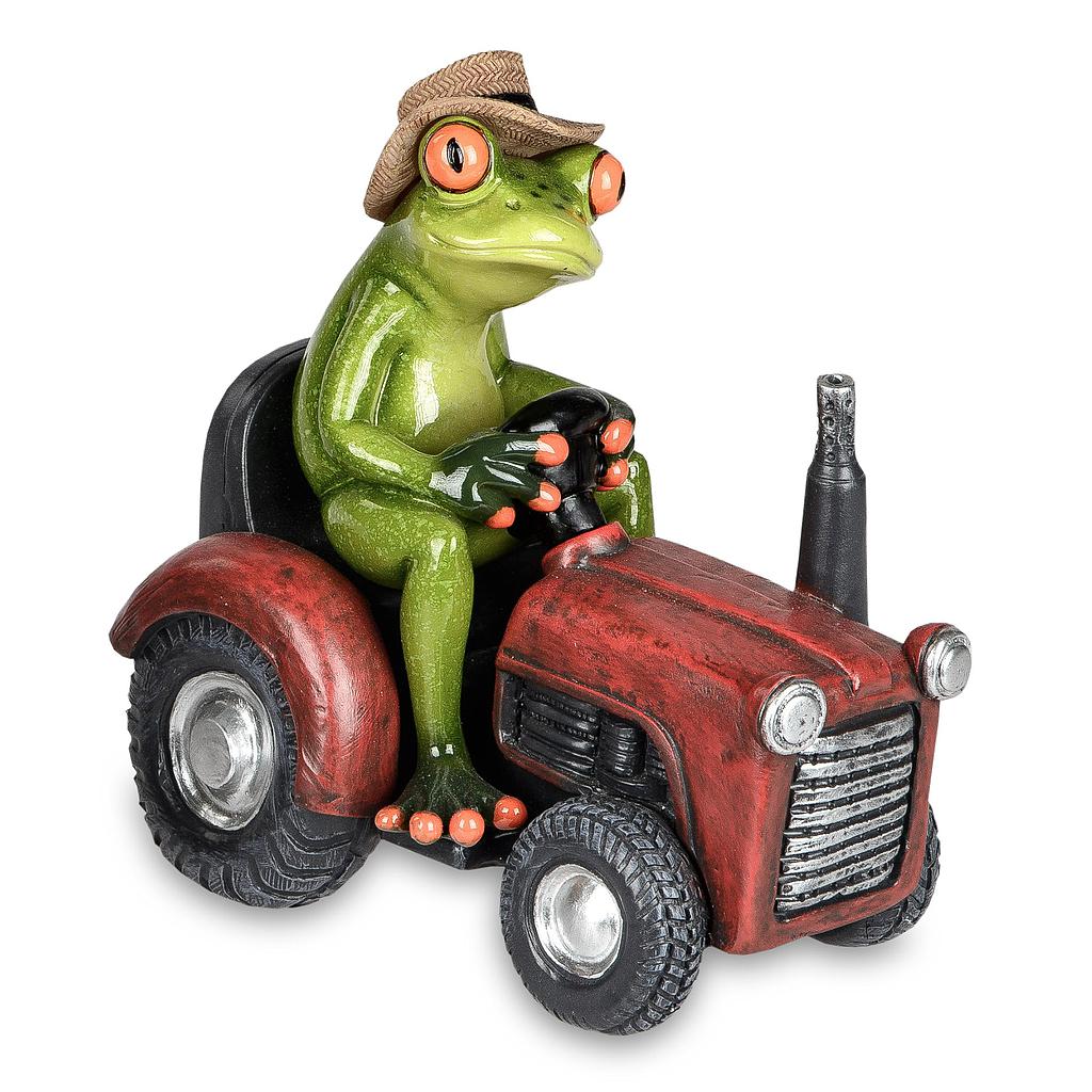 Frosch auf rotem Traktor