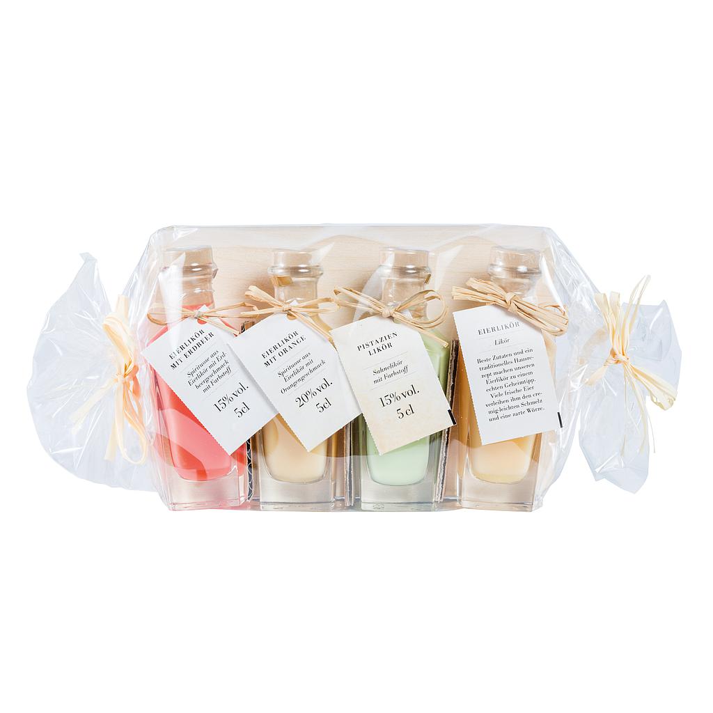 Brett - Sahnelikör, je 0,05l Regina;  Eierlikör 20%vol., Eierlikör mit Orange 20%vol., Eierlikör mit Erdbeere 15%, Pistazien Sahne Likör 15%vol.