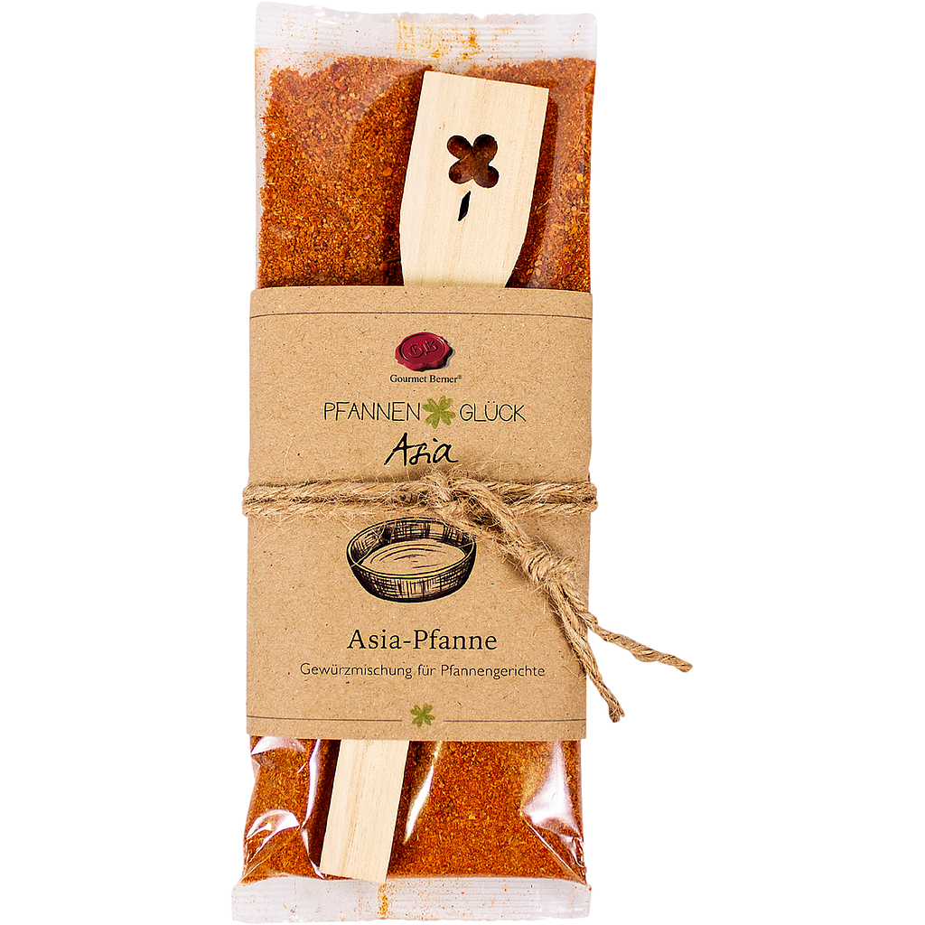Pfannenglück Asia; Asia-Pfanne Gewürzmischung für Pfannengerichte, Inhalt; 80g Beutel, mit "Kleeblatt" Pfannenwender 