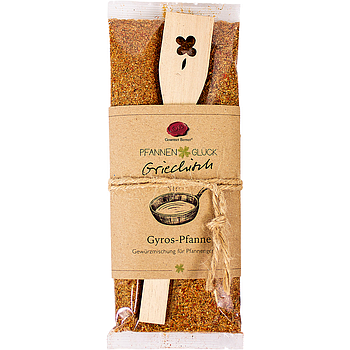 Pfannenglück Griechisch; Gyros-Pfanne Gewürzmischung für Pfannengerichte, Inhalt; 70g Beutel, mit "Kleeblatt" Pfannenwender 