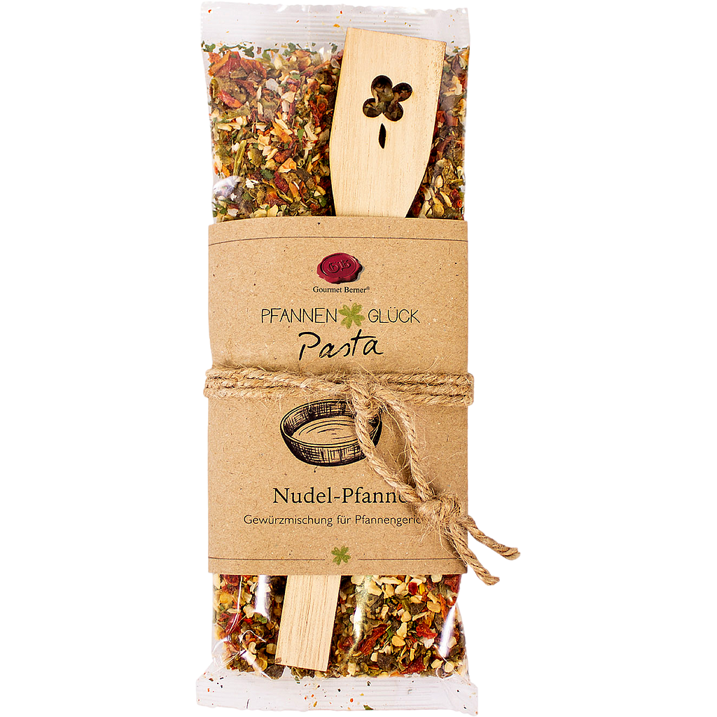 Pfannenglück Pasta; Nudel-Pfanne Gewürzmischung für Pfannengerichte, Inhalt; 70g Beutel, mit "Kleeblatt" Pfannenwender 