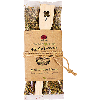 Pfannenglück Mediterran; Mediterrane-Pfanne Gewürzmischung für Pfannengerichte, Inhalt; 35g Beutel, mit "Kleeblatt" Pfannenwender 