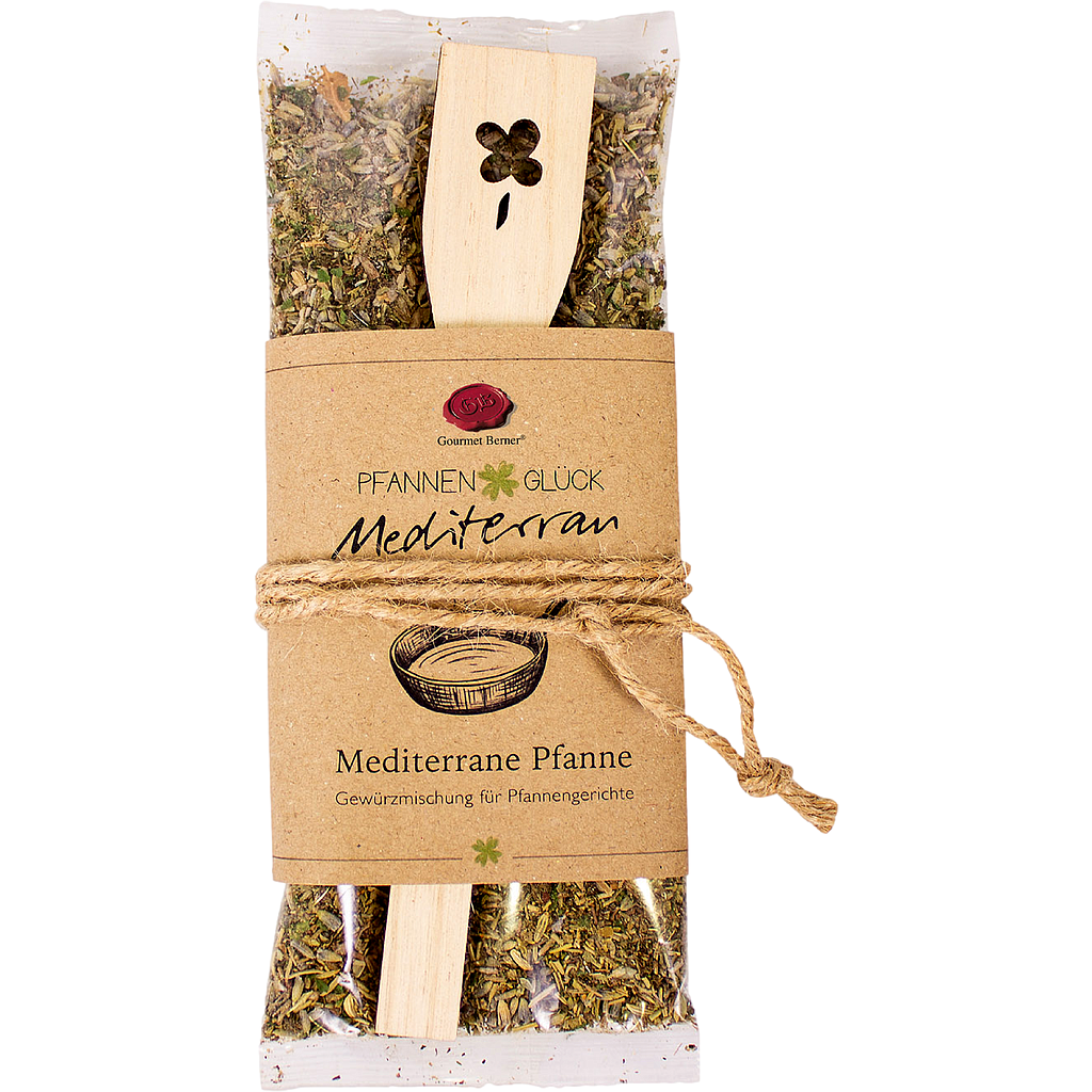 Pfannenglück Mediterran; Mediterrane-Pfanne Gewürzmischung für Pfannengerichte, Inhalt; 35g Beutel, mit "Kleeblatt" Pfannenwender 