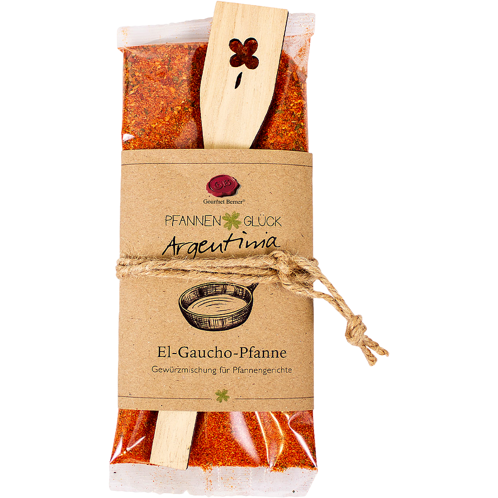 Pfannenglück Argentinia; El Gaucho-Pfanne Gewürzmischung für Pfannengerichte, Inhalt; 70g Beutel, mit "Kleeblatt" Pfannenwender 