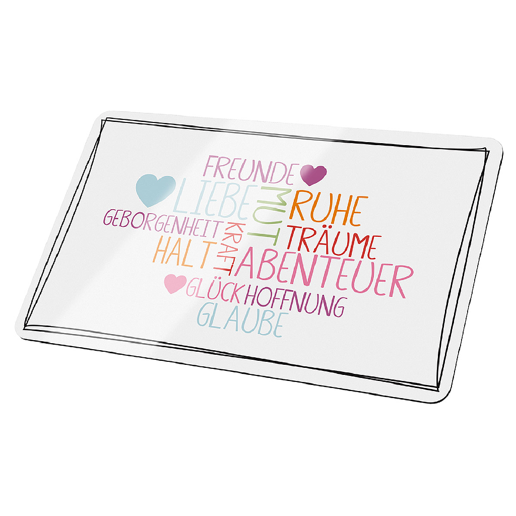 Brettchen, rechteckig, &quot;Schlagworte&quot;, Spruch, Resopal, weiß, VE 6, L. 15 cm, B. 24 cm