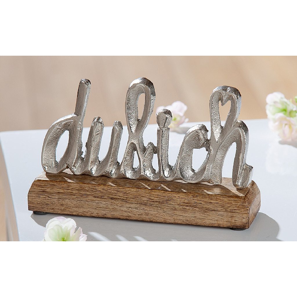 Schriftzug, &quot;Du &amp; Ich&quot;, Schriftzug, Aluminium, Mangoholz, naturfarben, silberfarben, VE 12, L. 5,5 cm, B. 18 cm, H. 10,5 cm