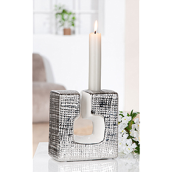 Kerzenleuchter, "Boston", Keramik, silberfarben, weiß, VE 6, L. 6 cm, B. 11,5 cm, H. 12,5 cm