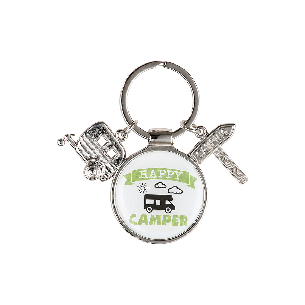 Schlüsselanhänger, &quot;Happy Camper&quot;, Schriftzug, Wohnwagenmotiv, Metall, silberfarben, VE 12, H. 7 cm, D. 4 cm