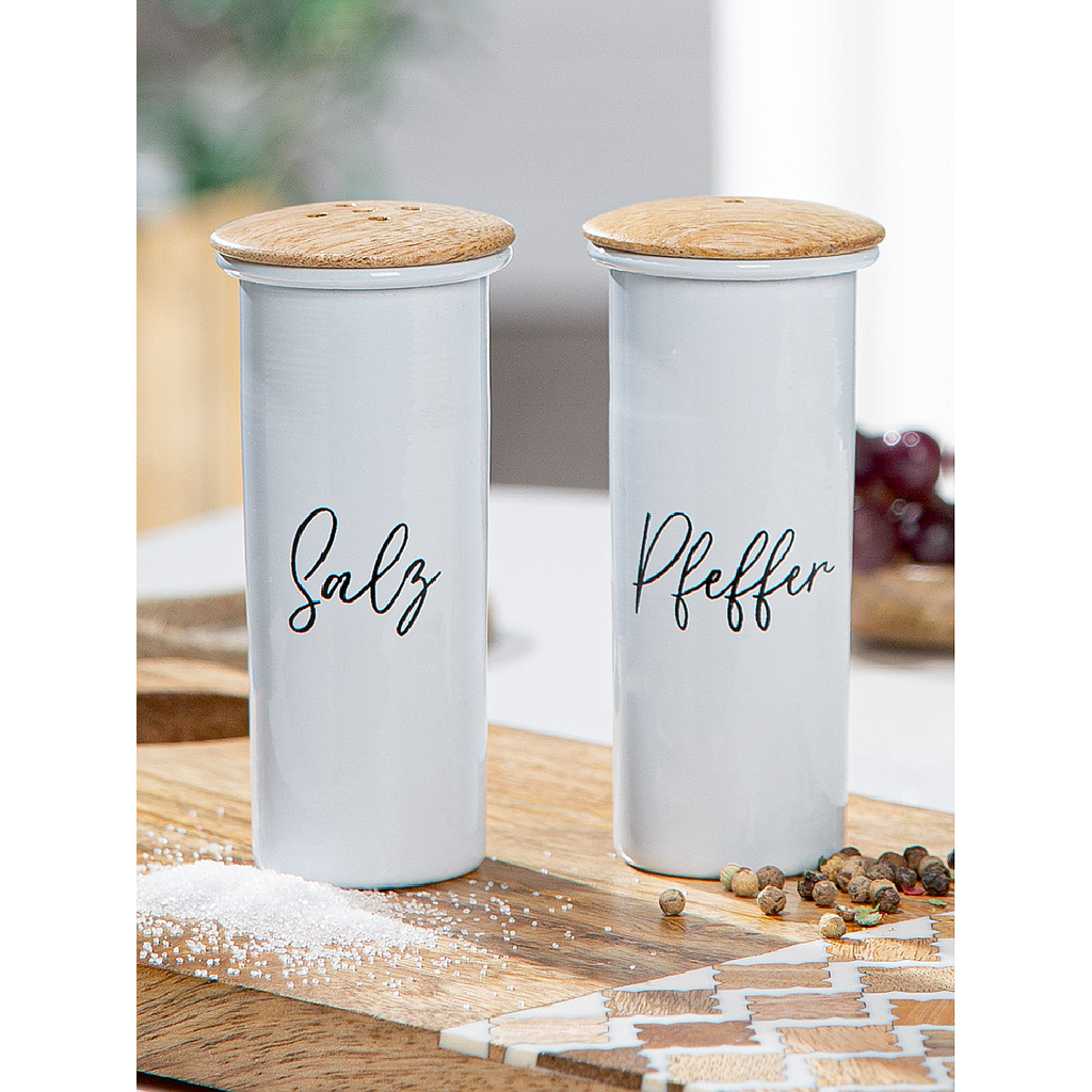 2tlg. Set, Salz-/ &amp; Pfefferstreuer, &quot;Vita&quot;, Schriftzug, Eisen, weiß, VE 6, H. 10,5 cm, D. 5 cm