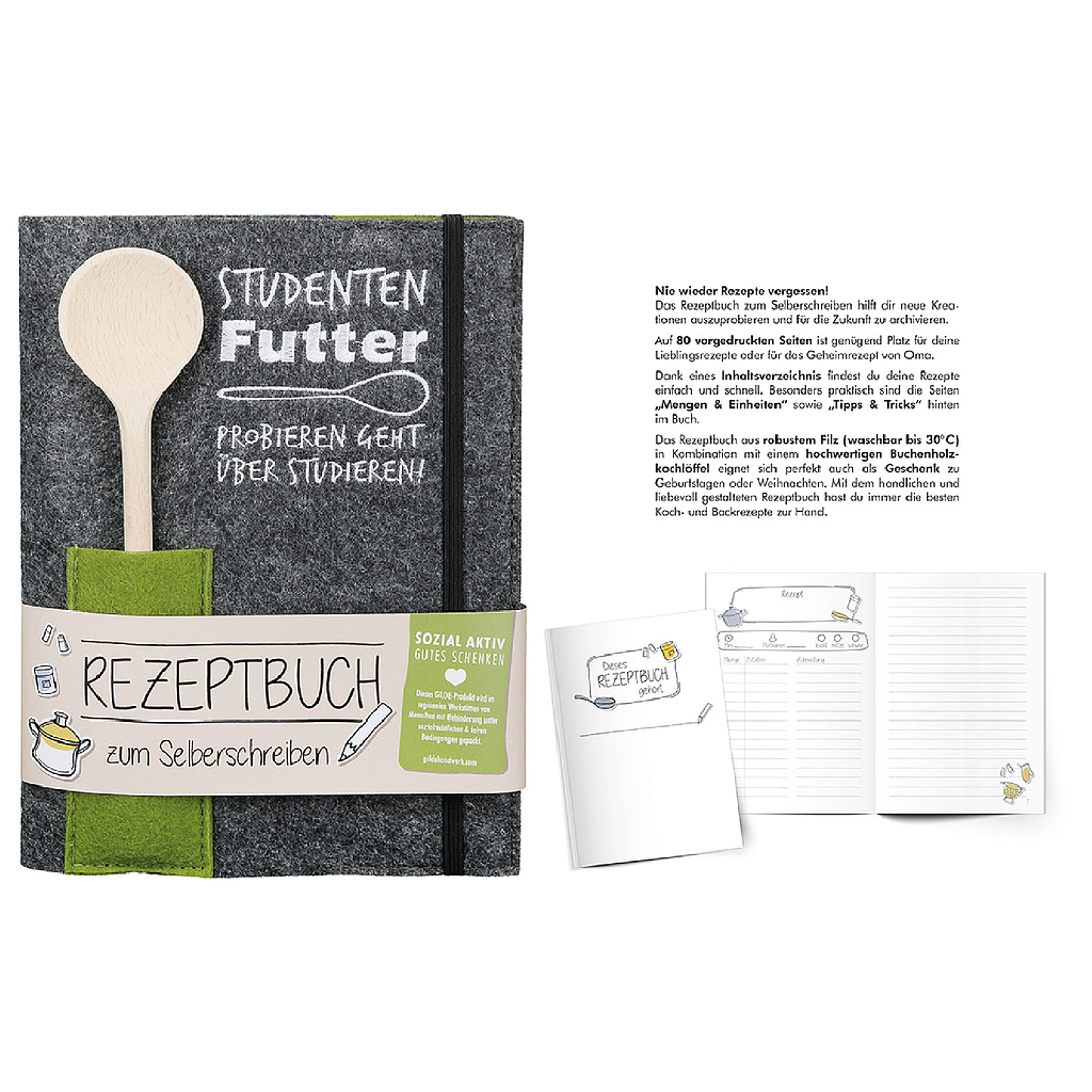 &quot;Studentenfutter&quot; -Rezeptbuch zum Selberschreiben mit 80 vorgedruckten Seiten -mit Inhaltsverzeichnis, Mengen &amp; Einheiten, Tipps &amp; Tricks -robustes Filz, bei 30 Grad waschbar -Buchenholzkochlöffel