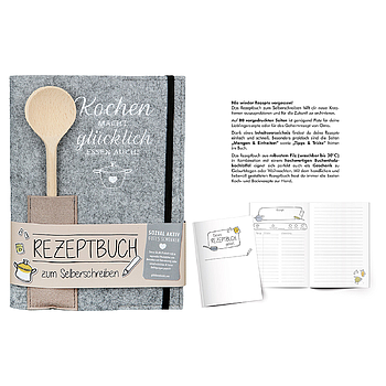 "Kochen macht glücklich - Essen auch" -Rezeptbuch zum Selberschreiben mit 80 vorgedruckten Seiten -mit Inhaltsverzeichnis, Mengen & Einheiten, Tipps & Tricks -robustes Filz, bei 30 Grad waschbar -Buchenholzkochlöffel