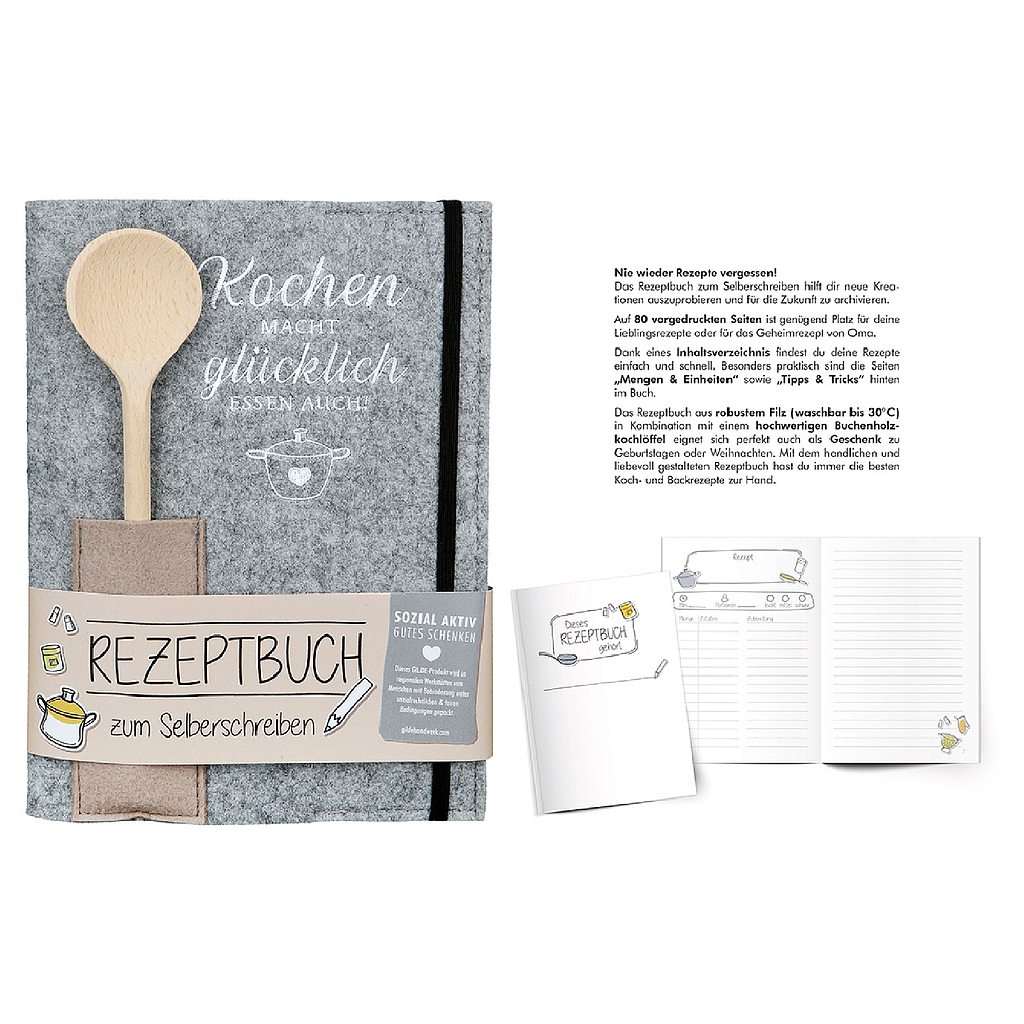 "Kochen macht glücklich - Essen auch" -Rezeptbuch zum Selberschreiben mit 80 vorgedruckten Seiten -mit Inhaltsverzeichnis, Mengen &amp; Einheiten, Tipps &amp; Tricks -robustes Filz, bei 30 Grad waschbar -Buchenholzkochlöffel