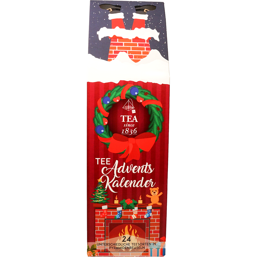 Tee-Adventskalender „Kamin Klassisch“ mit 24 Pyramidenbeuteln einzeln im Sachet verpackt Format 92 x 92 x 305 mm