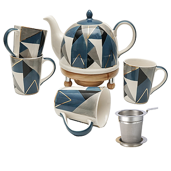 Tee-Set Caspian, Kanne, Stövchen, vier Becher, Dauerfilter