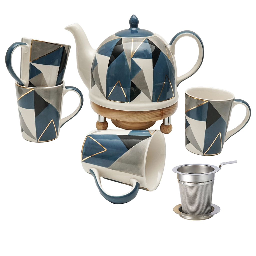 Tee-Set Caspian, Kanne, Stövchen, vier Becher, Dauerfilter