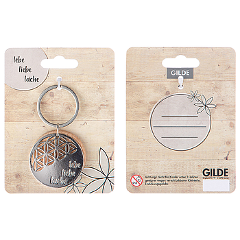 Schlüsselanhänger, "lebe, liebe, lache", lebe, liebe, lache, Lebensblumenmotiv, Spruch, Holz, Metall, naturfarben, silberfarben, 2, L. ,6 cm, H. 8 cm, D. 4,5 cm