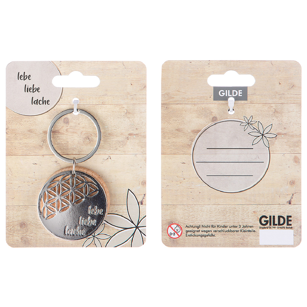 Schlüsselanhänger, "lebe, liebe, lache", lebe, liebe, lache, Lebensblumenmotiv, Spruch, Holz, Metall, naturfarben, silberfarben, 2, L. ,6 cm, H. 8 cm, D. 4,5 cm