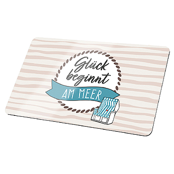 Brettchen, rechteckig, "Glück beginnt am Meer", Schriftzug, Resopal, weiß, L. 14,5 cm, B. 23,5 cm