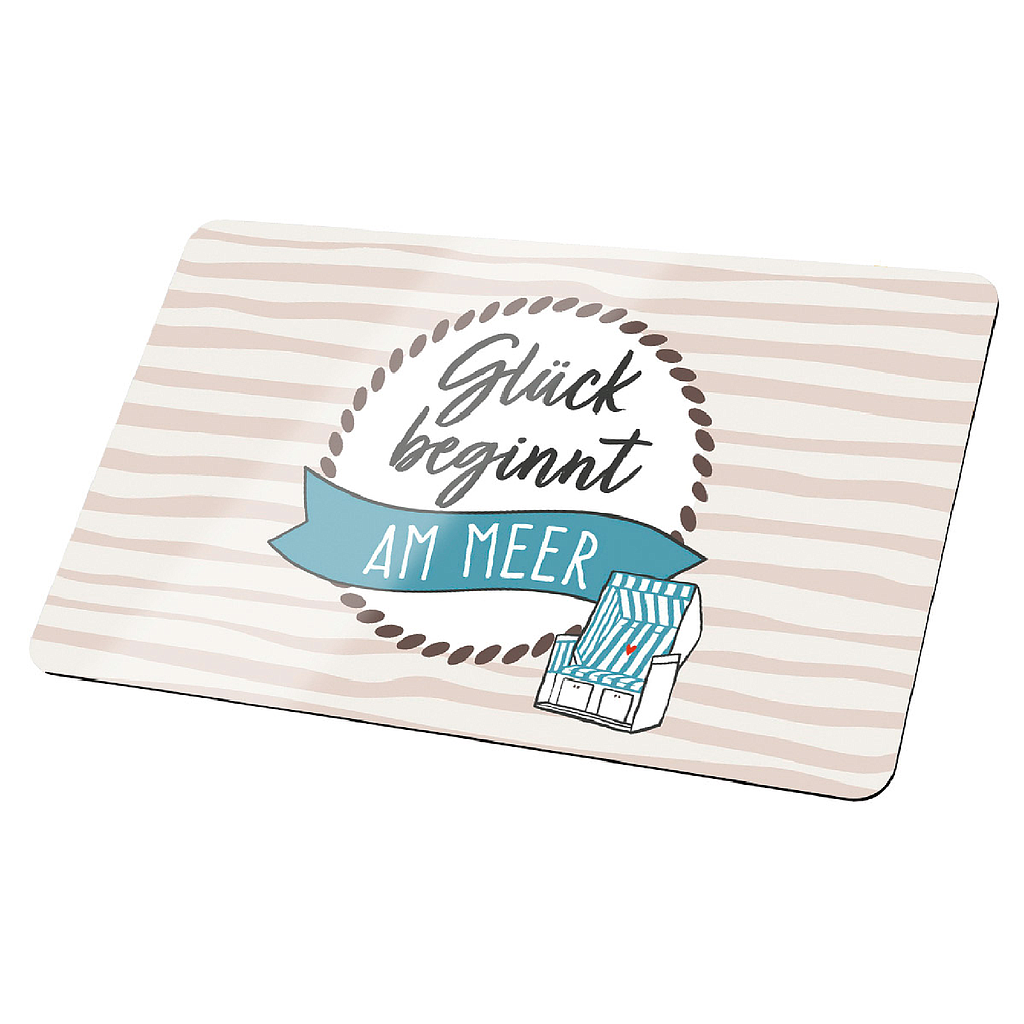 Brettchen, rechteckig, &quot;Glück beginnt am Meer&quot;, Schriftzug, Resopal, weiß, L. 14,5 cm, B. 23,5 cm