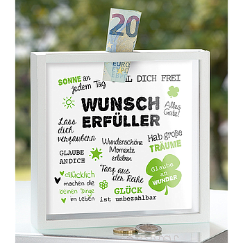 Spardose, quadratisch, "Wunscherfüller", Spruch, MDF, weiß, L. 4,4 cm, B. 17,2 cm, H. 17 cm