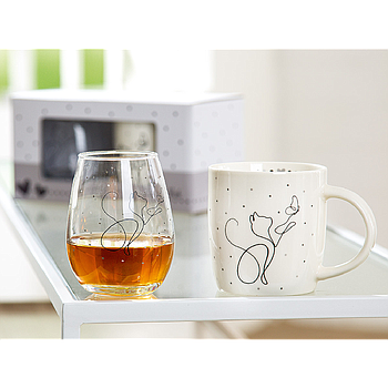 2tlg. Set, Tasse / Becher, Trinkglas, "Love Cat", Katzenmotiv, Glas, Porzellan, klar, weiß, L. 10,5 cm, B. 22,5 cm, H. 11,5 cm