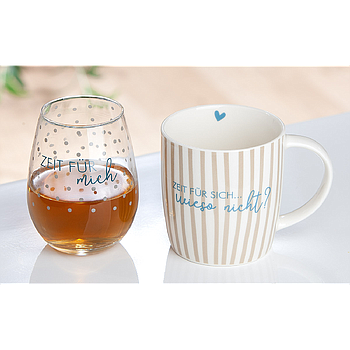 2tlg. Set, Tasse / Becher, Trinkglas, "Living", Spruch, Glas, Knochenporzellan, braun, klar, weiß, L. 10,5 cm, B. 22,5 cm, H. 11,5 cm
