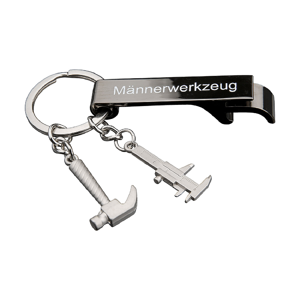Flaschenöffner, Schlüsselanhänger, &quot;Männerwerkzeug&quot;, Schriftzug, Metall, silberfarben, 2, L. 1,3 cm, B. 2 cm, H. 9 cm