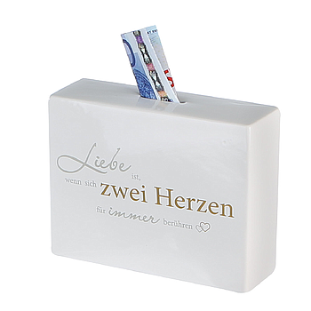 Spardose, rechteckig, "Herz an Herz", Spruch, Porzellan, weiß, L. 5,5 cm, B. 17,5 cm, H. 13,5 cm