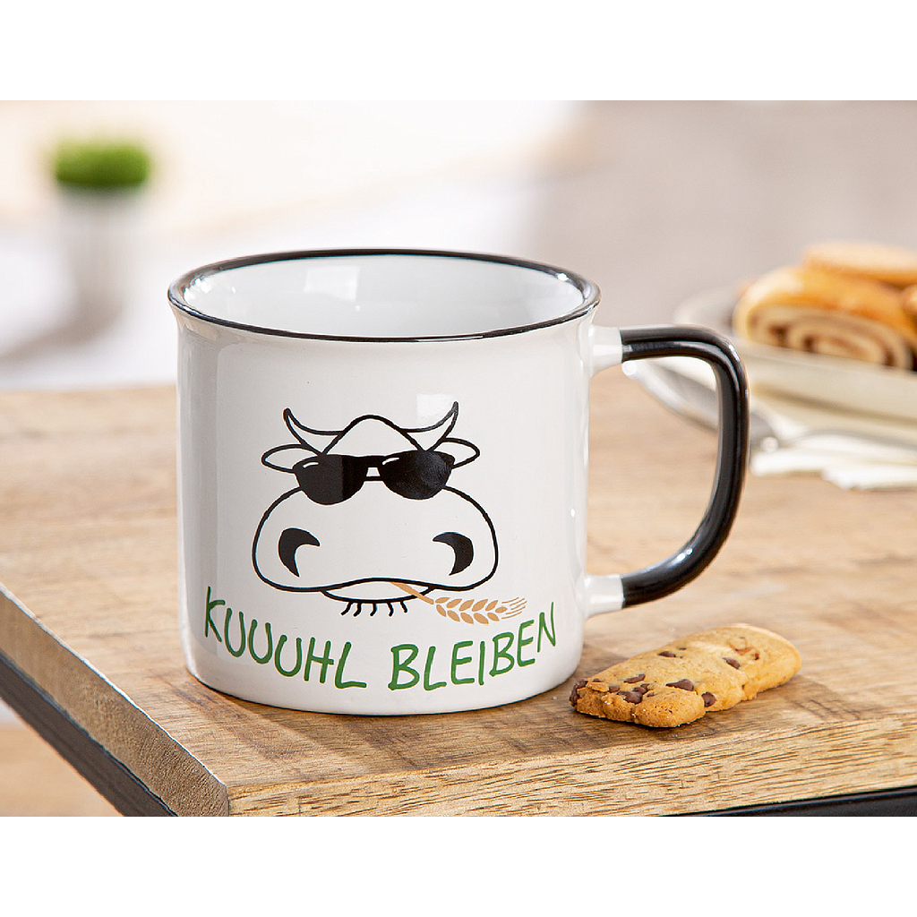 Tasse / Becher, "Landleben", Spruch, Keramik, weiß, VE 6, L. 10 cm, B. 13 cm, H. 9 cm