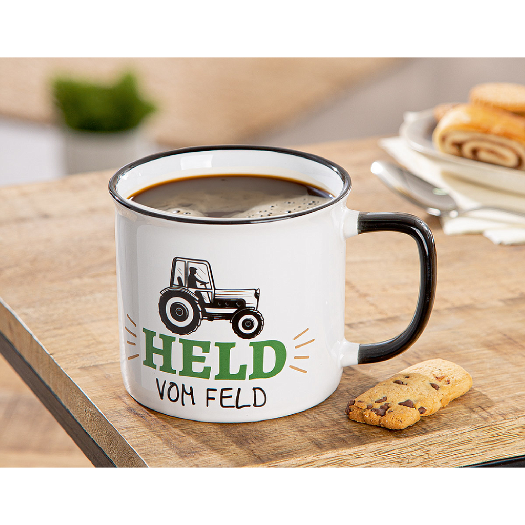 Tasse / Becher, "Landleben", Traktormotiv, Keramik, weiß, VE 6, L. 10 cm, B. 13 cm, H. 9 cm