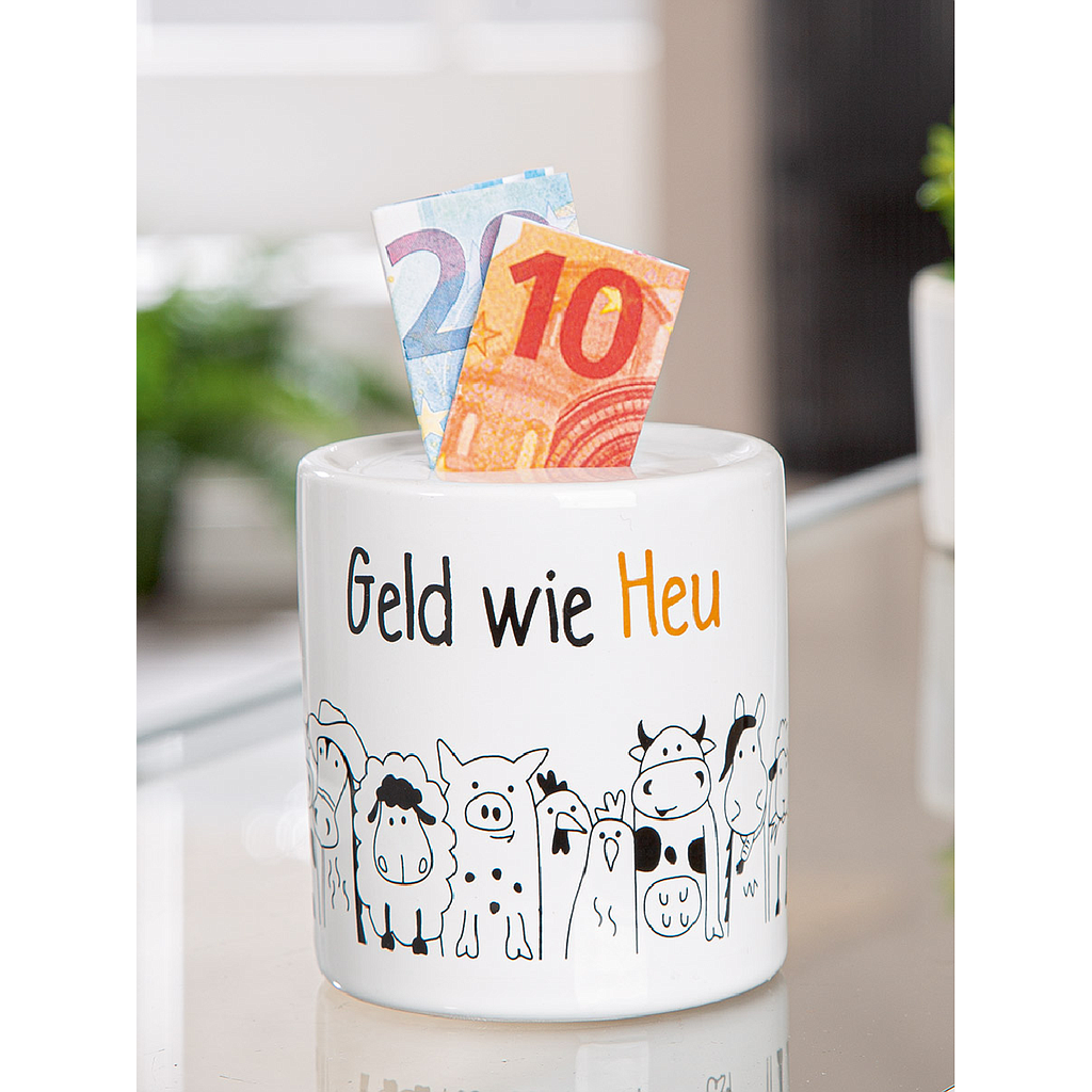 Spardose, zylindrisch, &quot;Landleben&quot;, Spruch, Keramik, weiß, VE 8, H. 9 cm, D. 9 cm