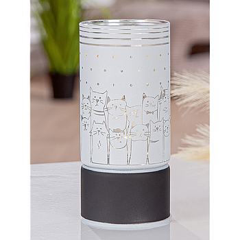 Windlicht (LED), "Katzenbande", Tiermotive, Glas, weiß, VE 6, H. 15 cm, D. 7 cm