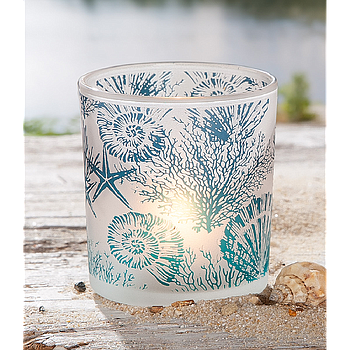 Windlicht, zylindrisch, "Muscheln", Muschelmotiv, Glas, blau, grün, weiß, 8, H. 8 cm, D. 7 cm