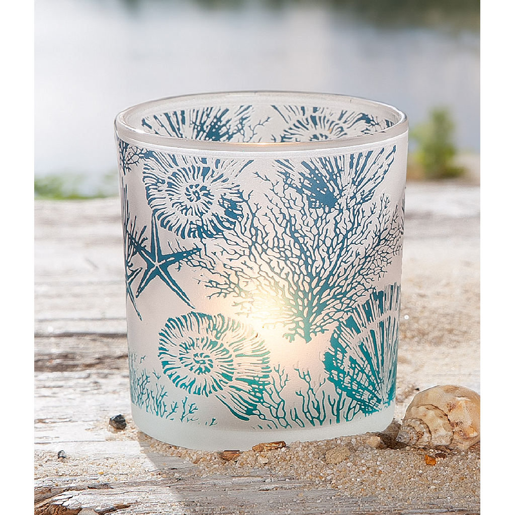 Windlicht, zylindrisch, &quot;Muscheln&quot;, Muschelmotiv, Glas, blau, grün, weiß, 8, H. 8 cm, D. 7 cm
